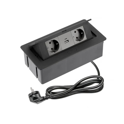 Flip Top inbouw stopcontacten, 2 stopcontacten, 2 USB, randaarding, zwart (NL) 