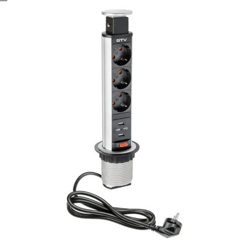 Uittrekbaar stopcontact met 2 USB poorten, Ø 60 mm, aluminium